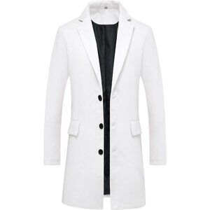 Men's White  Classic Wool  Single Breasted Mid Long Wool Blend Trench Overcoat